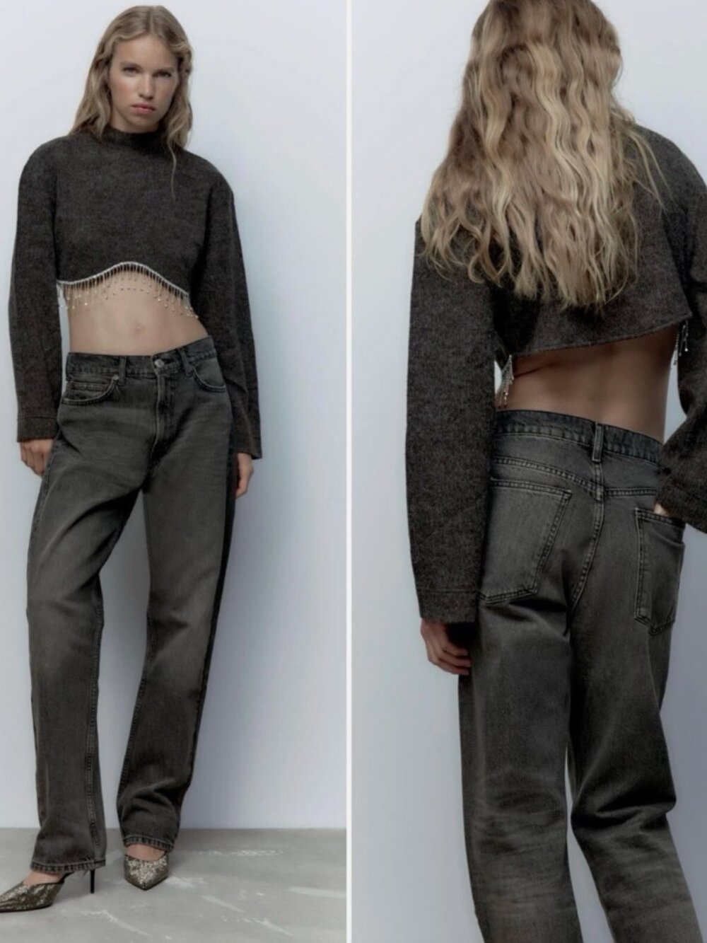 Zara Charcoal Cropped Crewneck Sweater with Beaded Fringe
